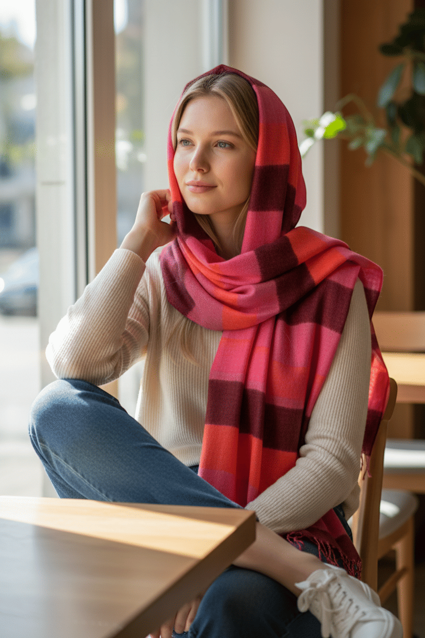 Pink Burgundy And Orange Wool Wrap